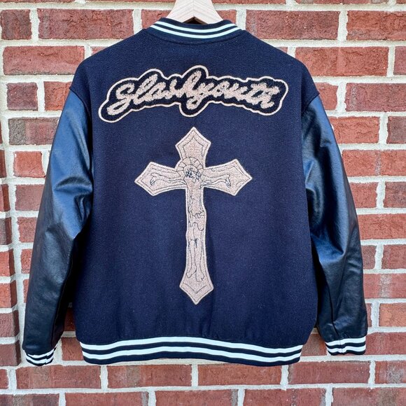 Faith Power Cross Varsity Jacket Med/LG Black Pleather Slashyouth - Picture 2 of 8